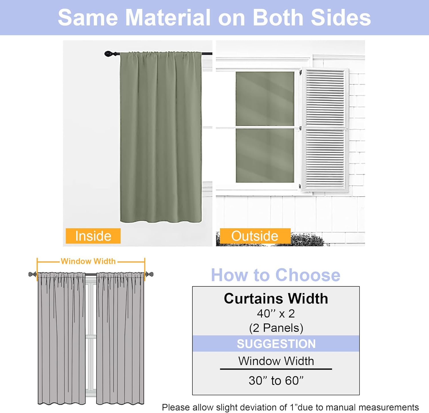 Sage Green Bedroom Blackout Curtains, 63inch (approx. 160.2cm) pieces set, solid insulated energy-saving rod pocket blackout curtains, width 40 x length 63inch (approx. 101.6cm), gray-green