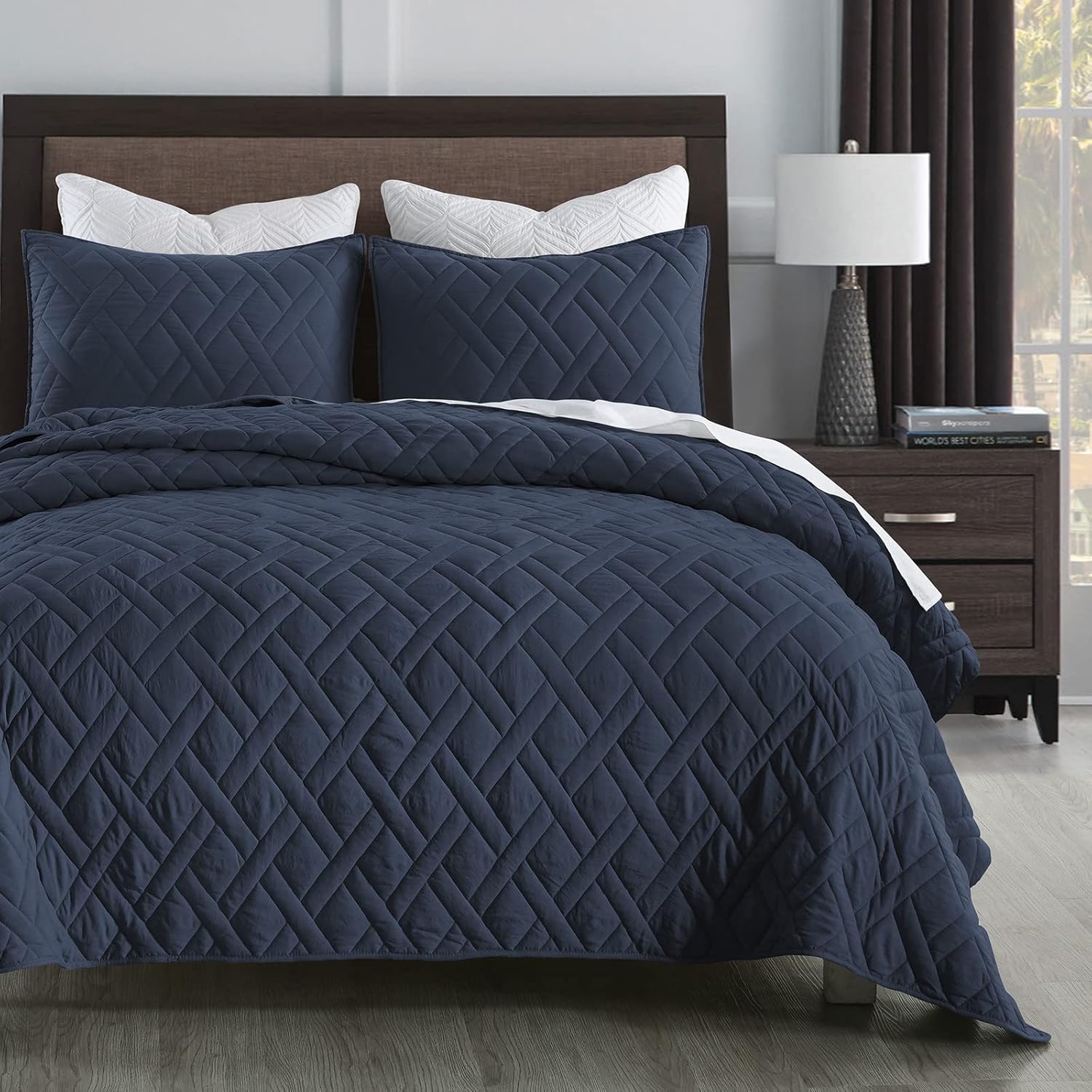 HOME Quilt Set Queen Size Navy Blue, Classic Geometric Diamond Stitched Pattern, Ultra Soft Microfiber Lightweight Bedding Bedspread Coverlet for All Season with 1 Quilt 2 Pillow Shams