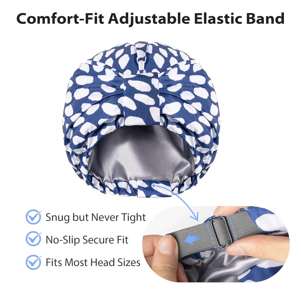 Luxury Shower Cap for Women Reusable Waterproof, Double Layered Shower Hair Cap with Adjustable Elastic Strap, Large Satin Lined Shower Bath Cap for Long Curly Straight Hair, Blue