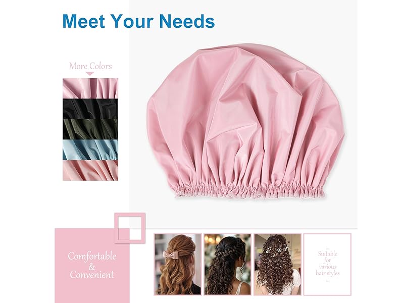 Shower Cap for Women, Double Layer Waterproof Bath Cap, Reusable Hair Protector, Large Waterproof Shower Bonnet Washable Elastic Band Bath Hair Hat for Long Hair, Braids， - Pink