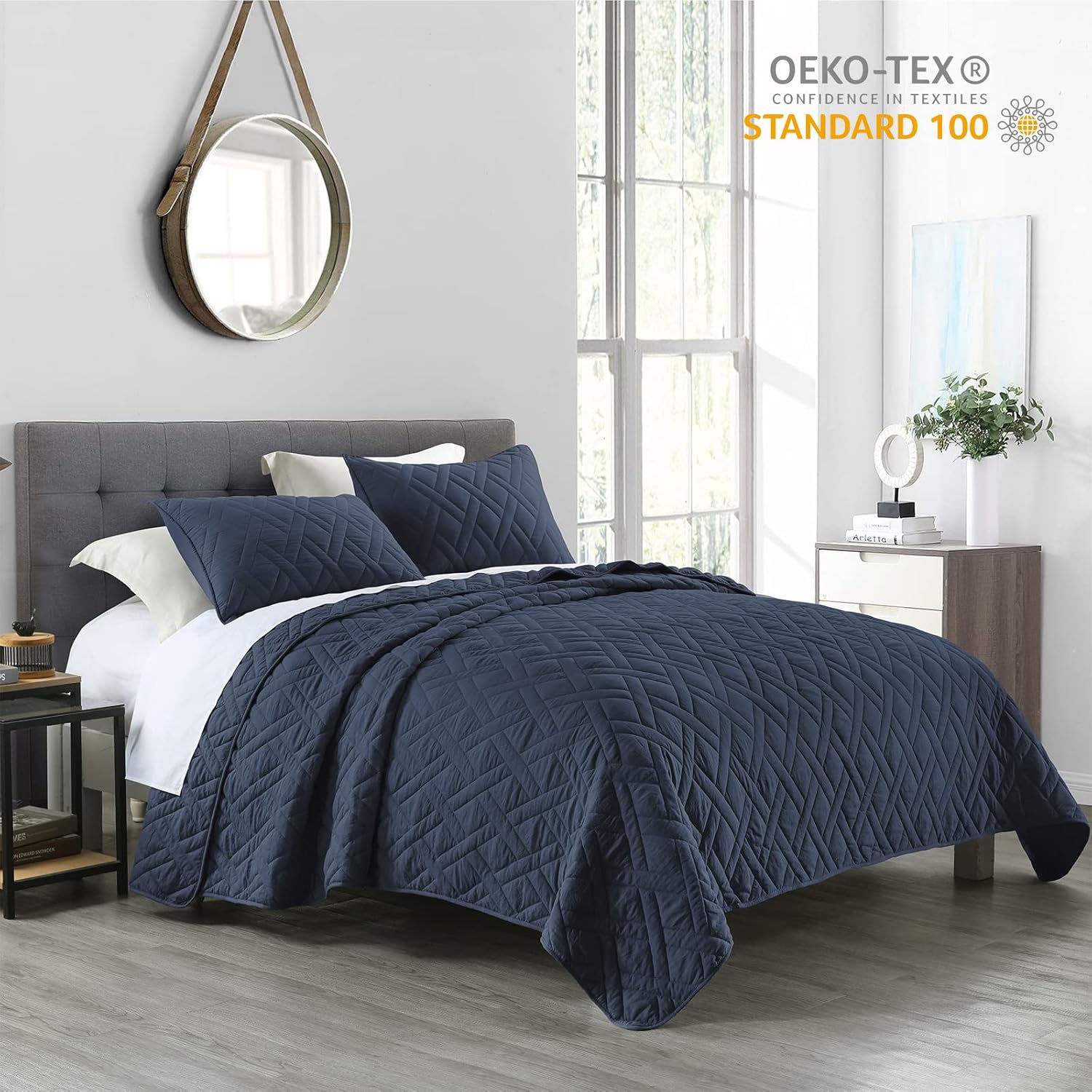 HOME Quilt Set Queen Size Navy Blue, Classic Geometric Diamond Stitched Pattern, Ultra Soft Microfiber Lightweight Bedding Bedspread Coverlet for All Season with 1 Quilt 2 Pillow Shams