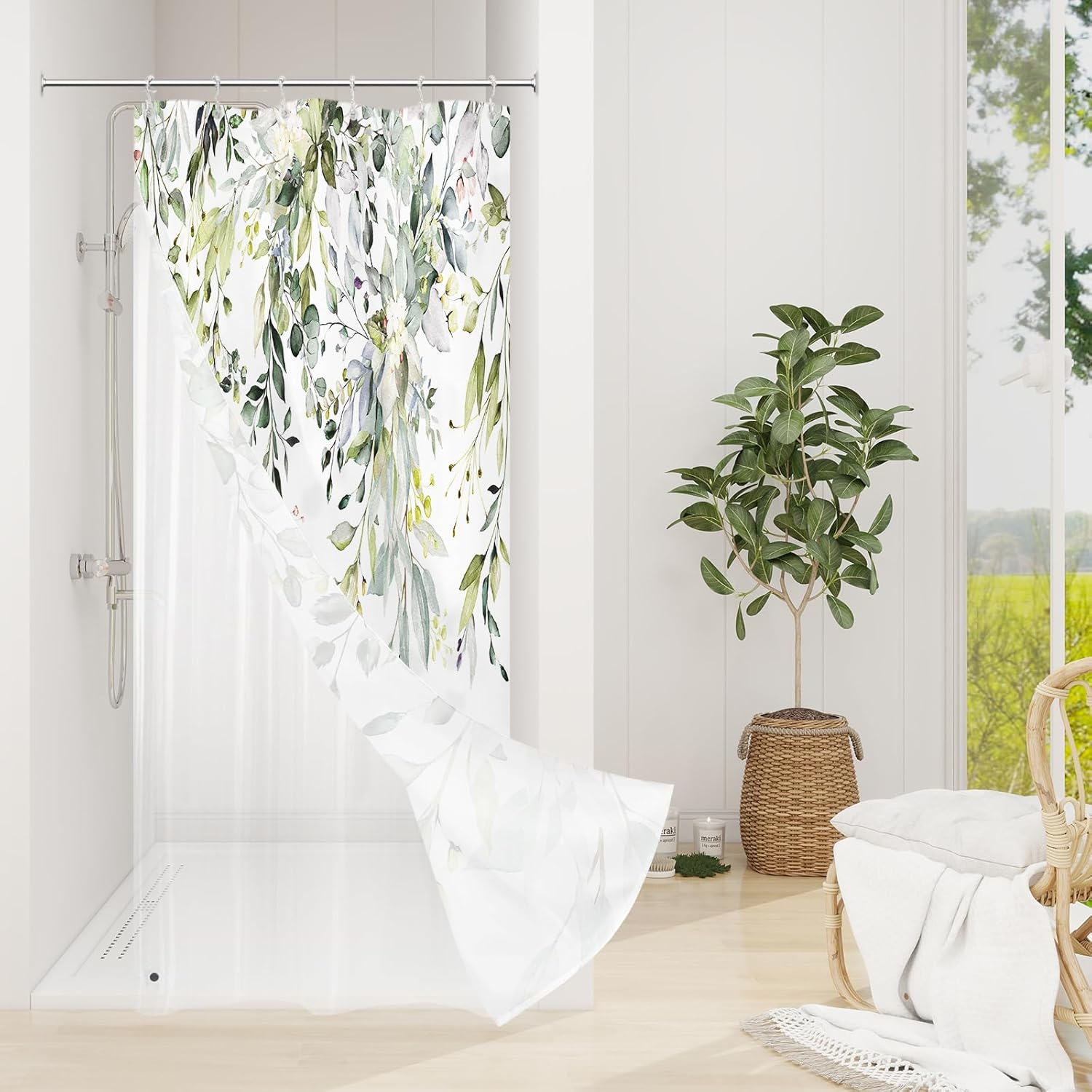 Grey Eucalyptus Shower Curtain, Watercolor Plant Leaves with Floral Bathroom Shower Curtain Set, Gray White, 72x72