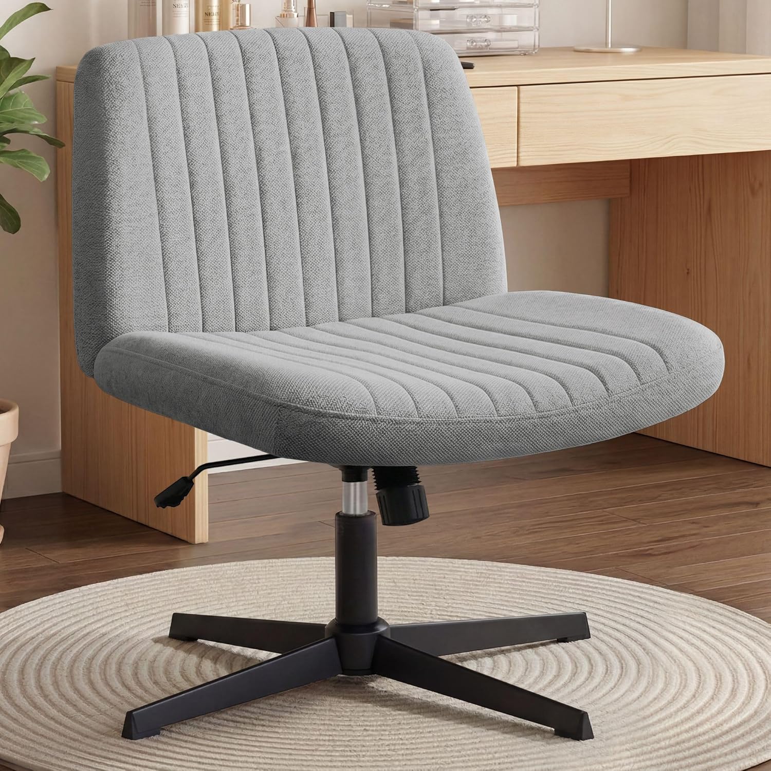Chair Wheels Wide Cross Legged Office Desk Vanity Chair Comfy Fabric Armless Adjustable Swivel for Home Computer Task (Beige Wheel, Fabric)