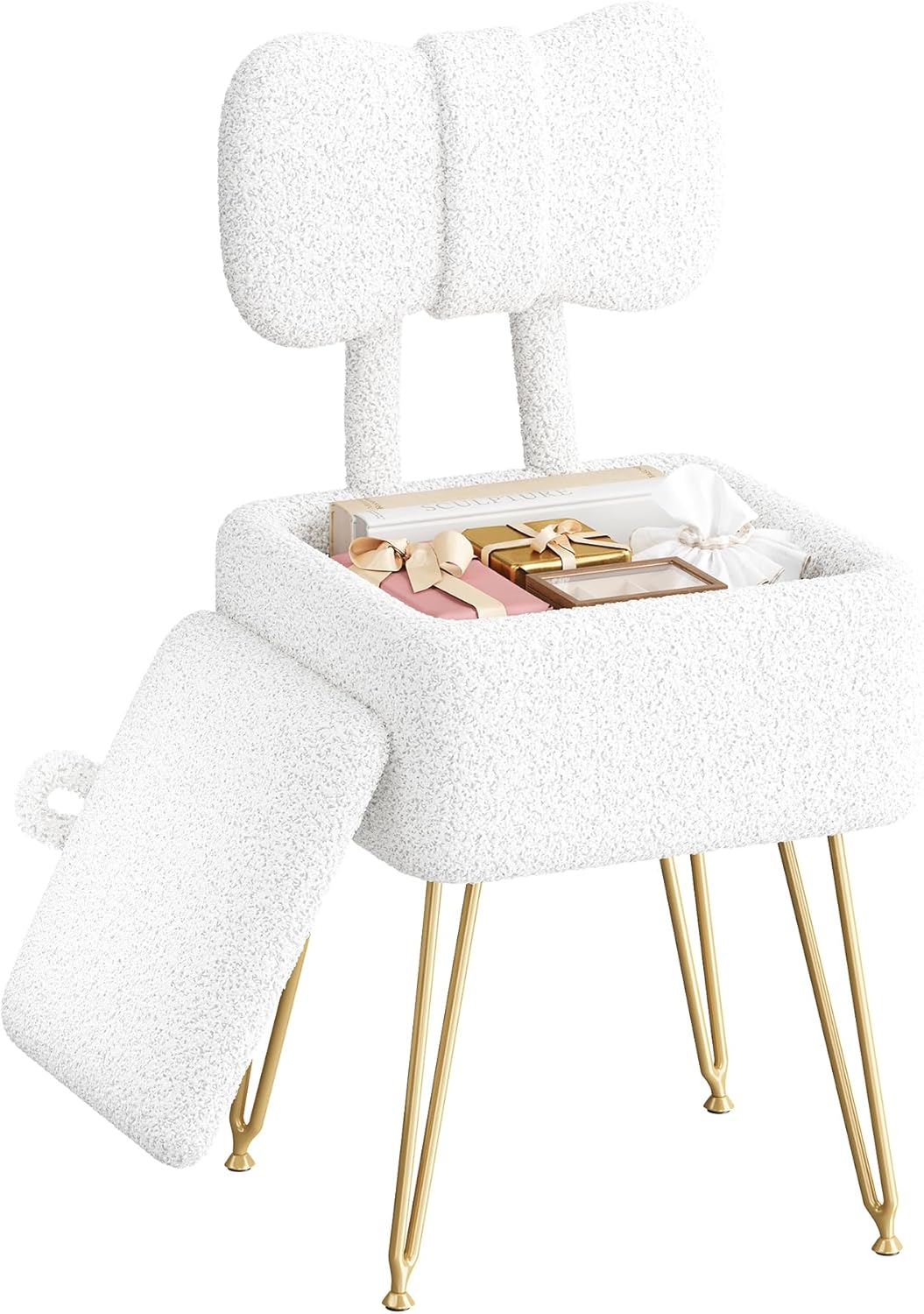 Small Vanity Chair with Storage and Folding Back, 14.2" D x 12.6" W x 28.3" H Soft Storage Ottoman, Footrest Stool, Teddy Fleece Vanity Stool for Makeup, Bedroom, Living Room, White